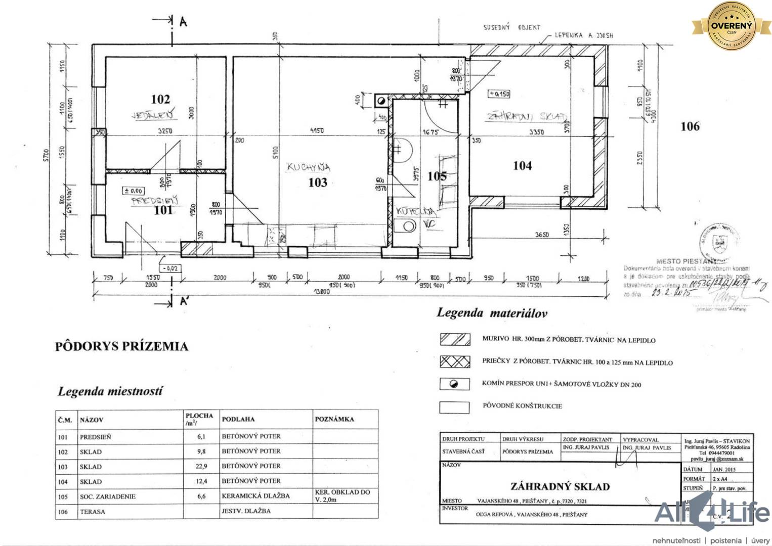 Pôdorys prízemia rodinného domu na Vajanského ulici v Piešťanoch, s označením miestností.