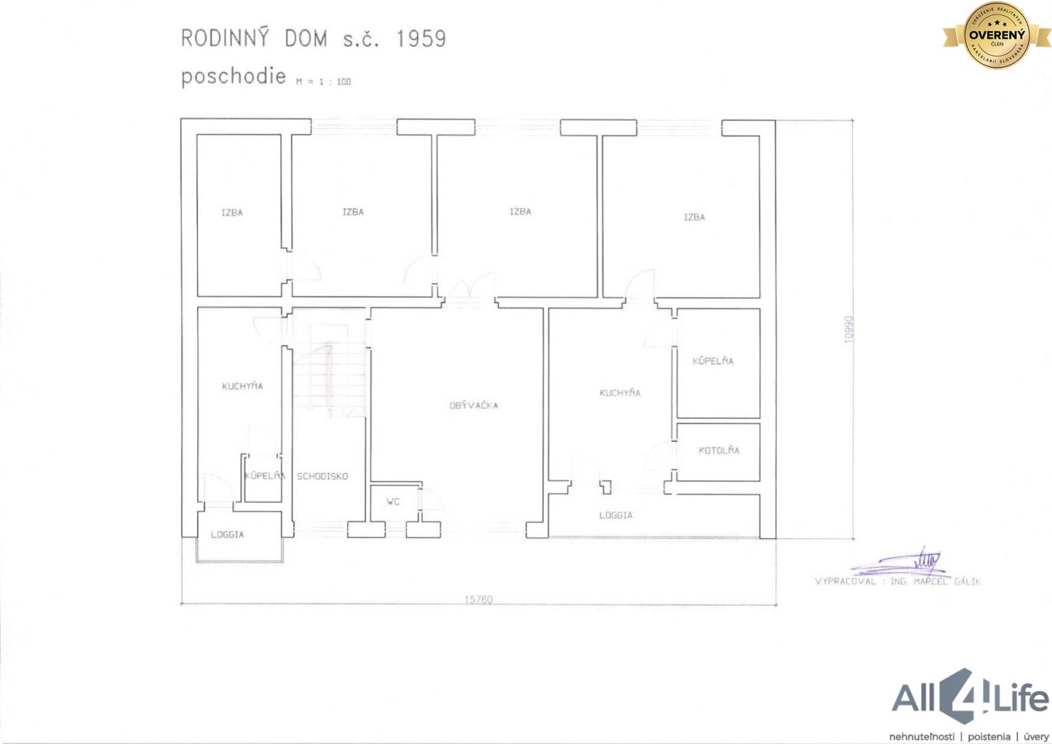 Pôdorys rodinného domu s kuchyňou, izbami, kúpeľňou a loggiou.