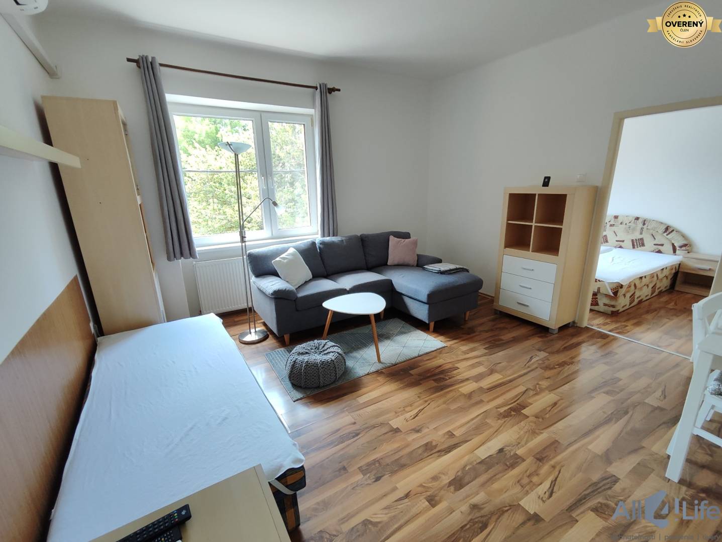 Obývacia izba v rodinnom dome s podlahou s dreveným dekorom a tmavosivým gaučom.