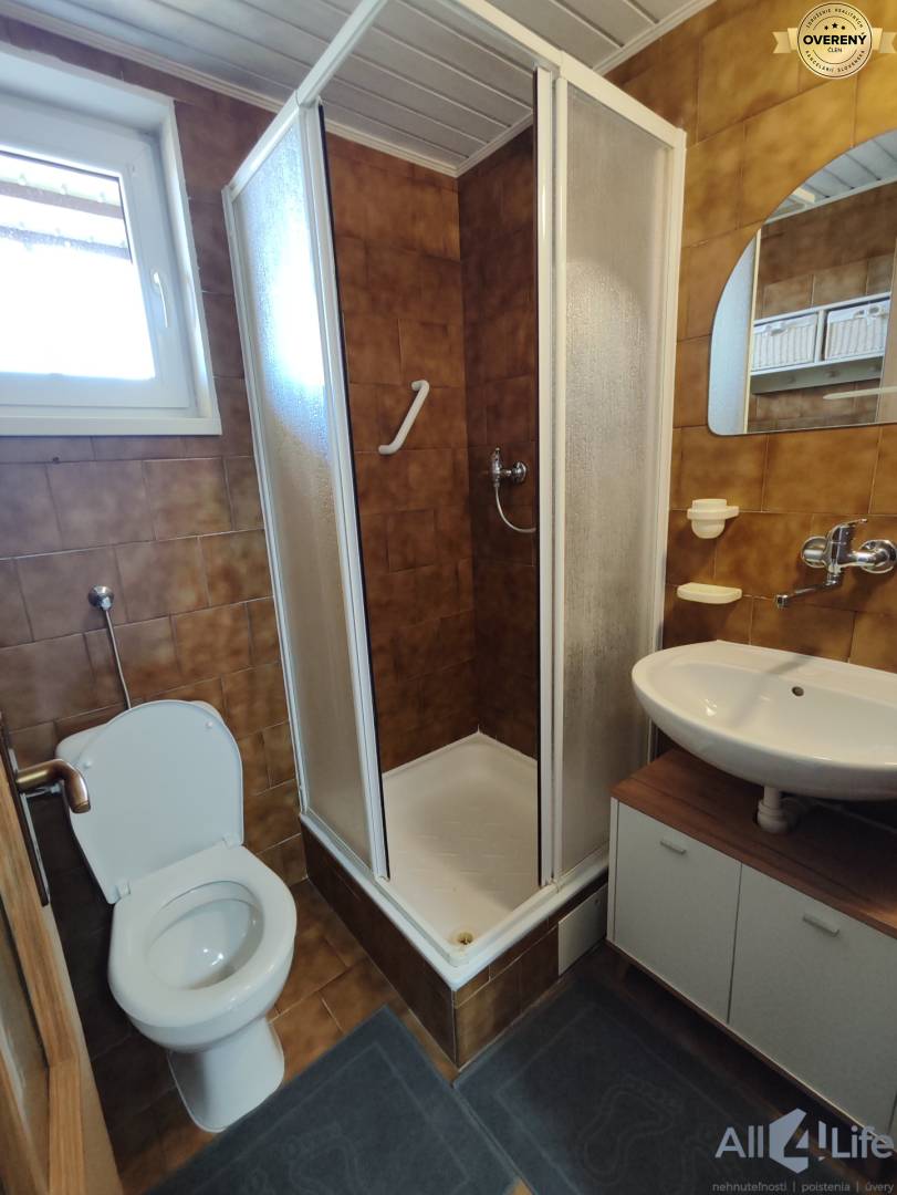 Kúpeľňa v rodinnom dome s toaletou, sprchovým kútom a umývadlom na hnedom pozadí.