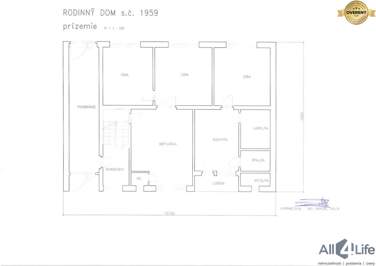 Plán rodinného domu s izbami, kuchyňou, kúpeľňou a loggiou.
