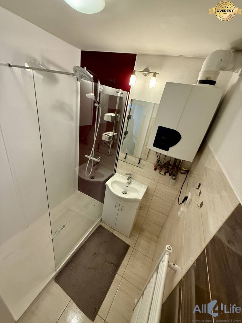 Kúpeľňa so sprchovacím kútom a bielym umývadlom, nábytok v 2-izbovom byte.