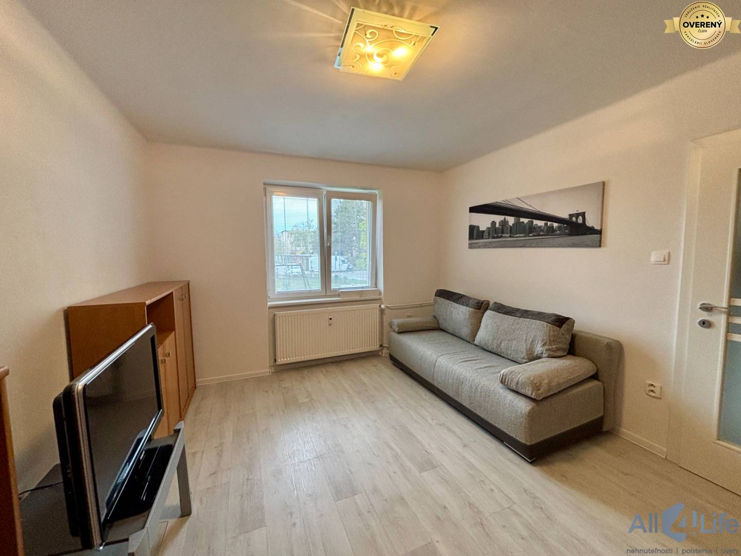 Sedacia súprava, televízor a podlaha s dreveným dekorom v 1-izbovom byte.