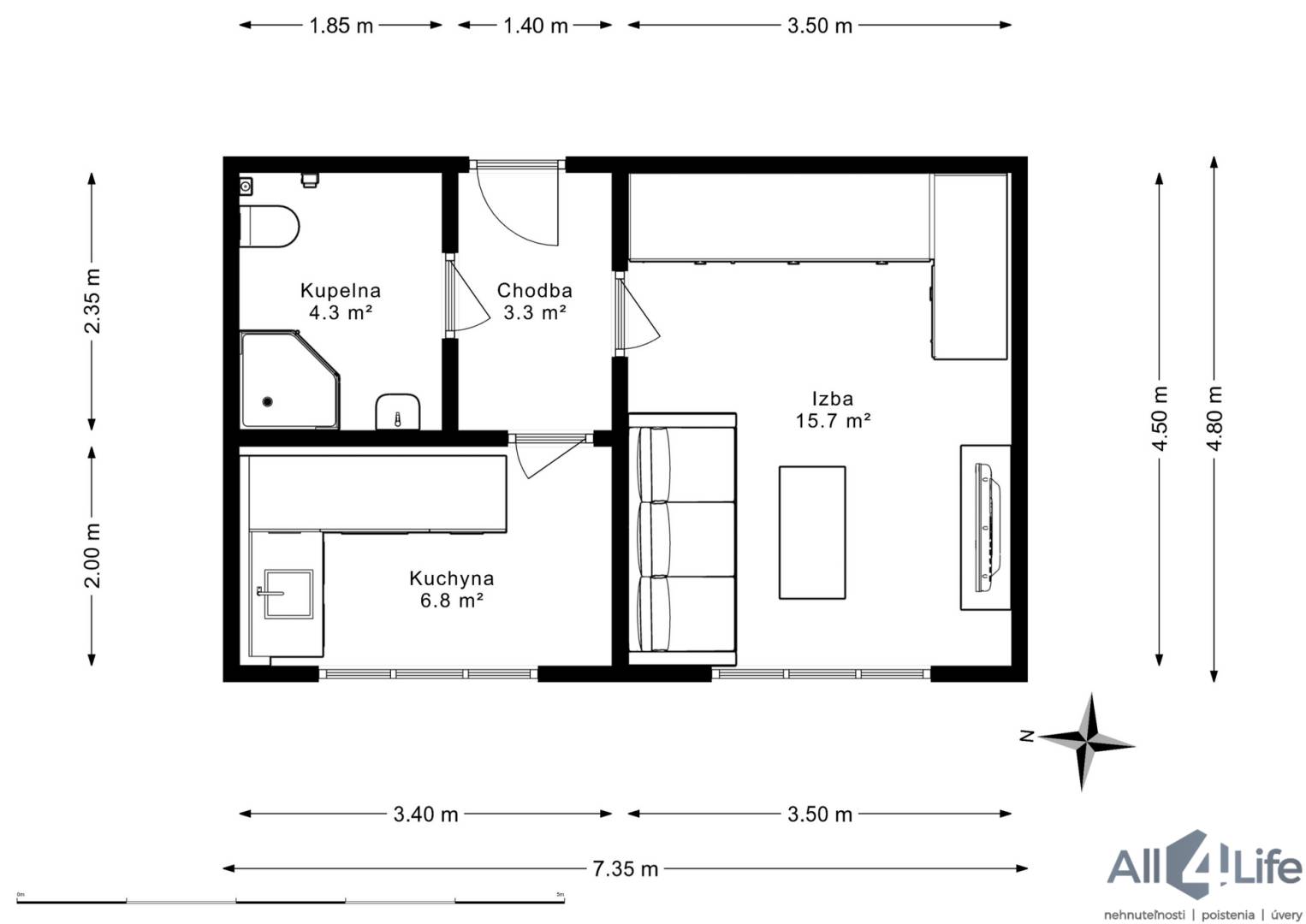 Pôdorys 1-izbového bytu: izba, kuchyňa, chodba, kúpeľňa.