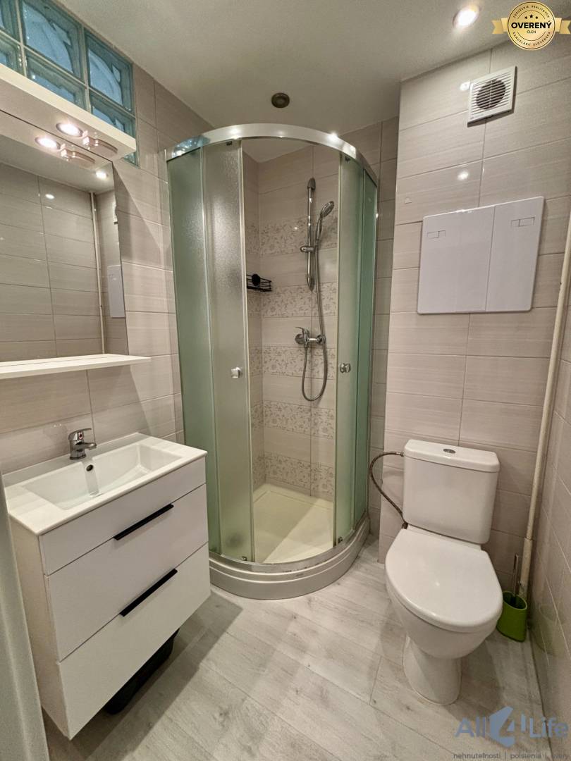Kúpeľňa v 1-izbovom byte s sprchovým kútom a toaletou, biela sanitárna keramika.