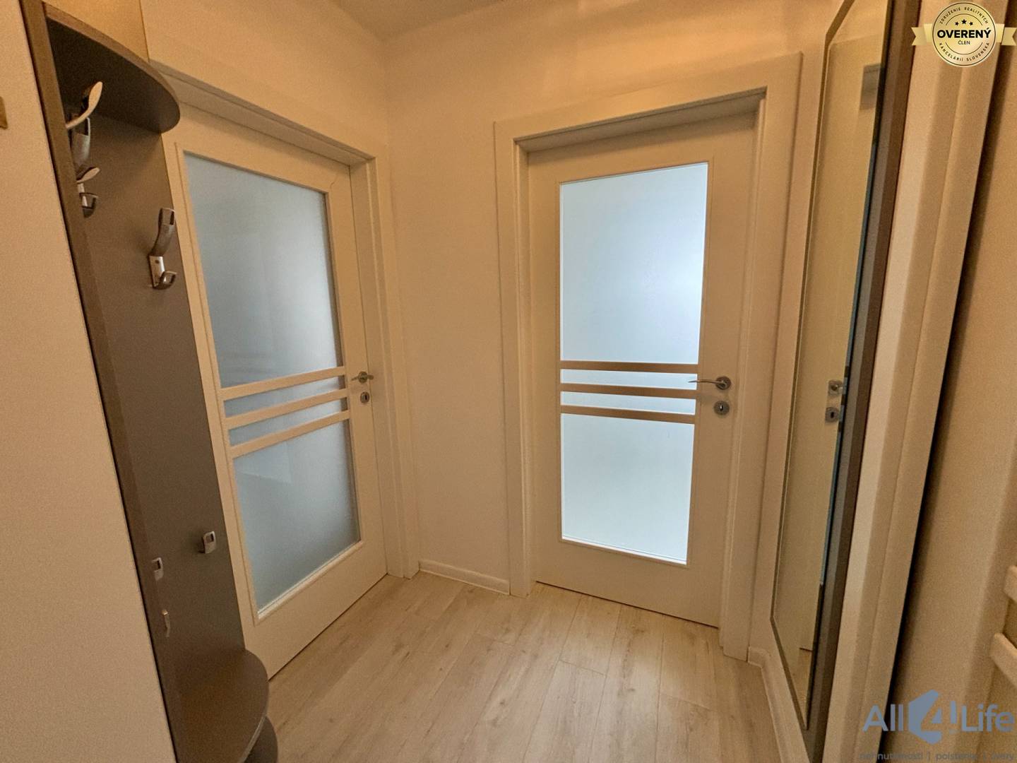 Predsieň s vešiakmi a dverami s matným sklom v 1-izbovom byte.