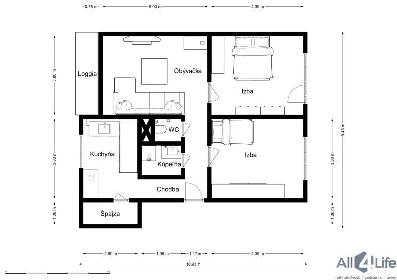 Pôdorys 3-izbového bytu zahŕňa obývačku, kuchyňu, špajzu a loggiu.