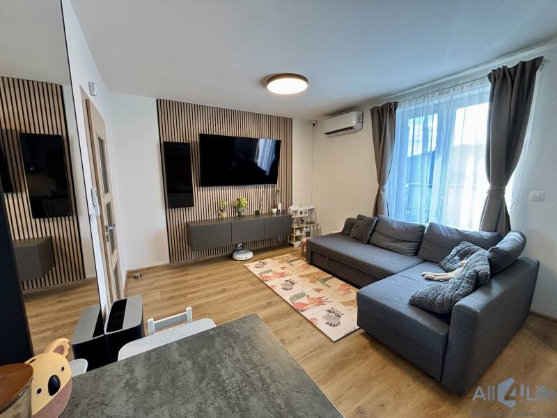 Obývacia izba v 2-izbovom byte s pohovkou a podlahou s dreveným dekorom.